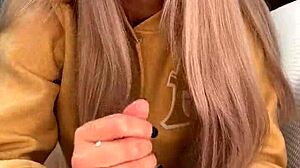 pretty milf amelie dubon gives close-up handjob to her friend in pov