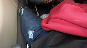 Public airplane oral activity with brunette performer