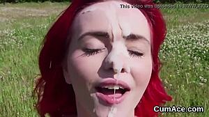 Nasty honey swallows cumshot from bukkake facial.