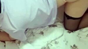 Young Asian girlfriend bent over in doggystyle with wet pussy