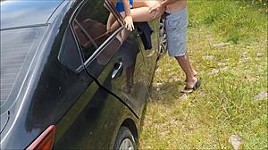 Wife bends over for outdoor bukkake