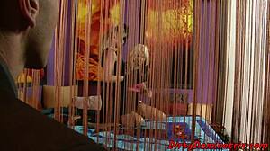 Rough dildofucking dominatrix torments bound babe in fishnets