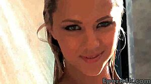 Amazing blonde teen 18+ gives blowjob outdoor with shaved pussy!