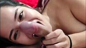 cute brunette white moon gives deepthroat blowjob in pov