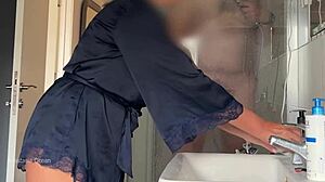 husband jerks to stepmom, caught in shower