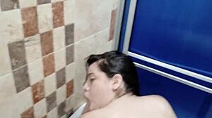 Fucking my whore stepsister in the bathroom, cumming on her tits