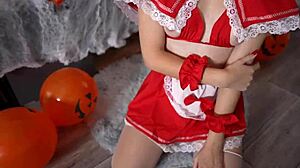 Little red riding hood fucks her pussy with a dildo on Halloween