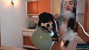 curvy milf exposes body in kitchen