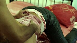 French amateur in pink satin lingerie bent over for doggystyle blowjob and ass licking