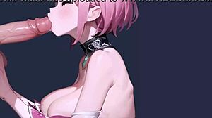 sakura-like pink-haired anime girl gives sloppy deepthroat to huge hairy cock.