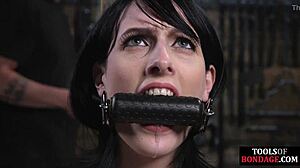 Busty submissive rides sybian bound