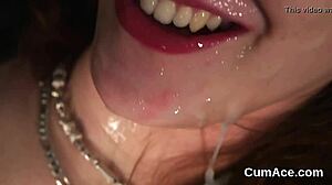 Stunner swallows massive cum load on face