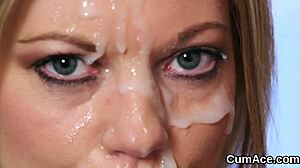 Stunner swallows massive cum load on face