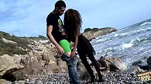 Is slender ebony's asshole getting plowed hard by big black cock on beach?