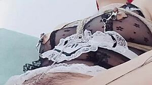 Enjoying rough rope bondage punishment, deepthroat dildo, tied orgasms with squirting, nipple clamps, and slave development