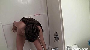 Hey, check out small-titted Yanks Jazmin Rajani in the shower. Her curly hair and piercing are just wild!