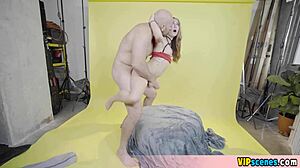 Tiny blonde teen acrobatically sucks cock with small tits and cute ass bent over.