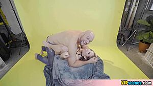 Tiny blonde teen acrobatically sucks cock with small tits and cute ass bent over.