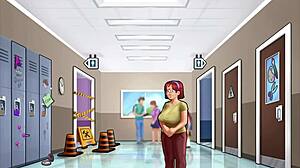 Cartoon babe rides hard in public toilet action