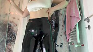 Amateur BBW Gives Deepthroat Blowjob In Leather Leggings And Latex Big Butt