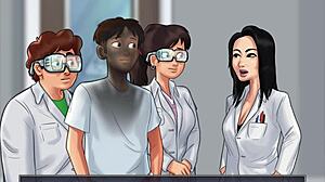 Cartoon babe rides hard in public toilet action