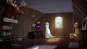 Cartoon babe rides hard in public toilet action