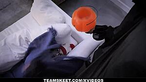 Petite redhead Cleo Clementine tricked into hardcore fucking in costume.