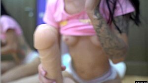 Brunette babe with tattoo teases in POV using sex toys for orgasm