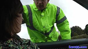 Classy british mature woman swallows cum after licking balls close-up