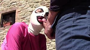 Laura in pink outfit sucks monster cock outdoor on heels for creampie