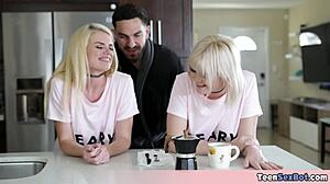yo, blonde wife and stepdaughter are wild on fuck day with pops!