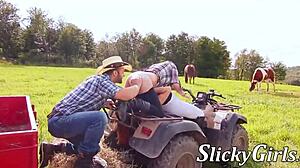 inked farmhand gets threeway fucked after licking pussy, outdoor facial