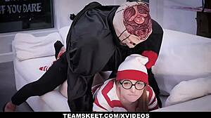 Petite redhead Cleo Clementine tricked into hardcore fucking in costume.