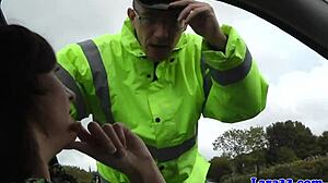 Classy british mature woman swallows cum after licking balls close-up