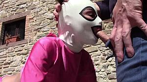 Laura in pink outfit sucks monster cock outdoor on heels for creampie