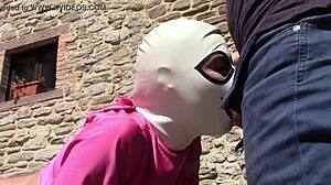 Laura in pink outfit sucks monster cock outdoor on heels for creampie