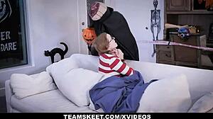 Petite redhead Cleo Clementine tricked into hardcore fucking in costume.