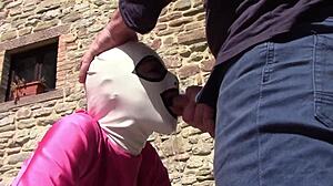 Laura in pink outfit sucks monster cock outdoor on heels for creampie