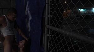 Stranded teen rides dick hard in public bondage scene, then blows it 😈