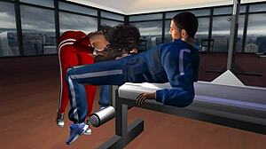 Watch as she's groped on the inclined bench in this cartoon scene.