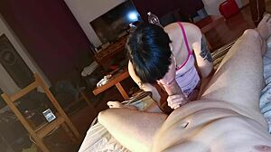 cute girl gives sloppy blowjob to stepdaddy with dirty talk