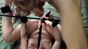 fucking blindfolded milf behind bar after edging her and shooting cum on her tits