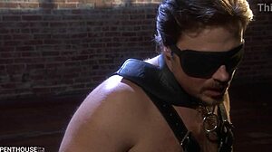 redhead mistress monica mayhem sucks her chained slave before fucking