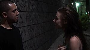 Stranded teen rides dick hard in public bondage scene, then blows it 😈