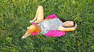 Amateur gets intensely fucked by huge wooden dildo, ending with tons of cum on legs.