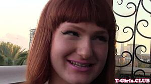 Gorgeous twosome trannies riding toy in a subtle fetish session with natural tits and small features.