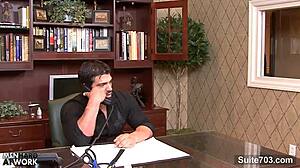 Muscular Bodybuilder Sucks Monster Cock Then Gets Ass Fucked In Office.