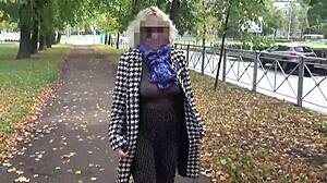 Milf in Nylon Outfit Walks Outdoors Transparently