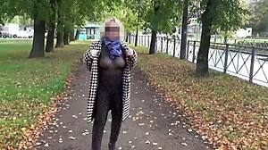Milf in Nylon Outfit Walks Outdoors Transparently
