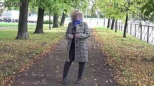 Milf in Nylon Outfit Walks Outdoors Transparently